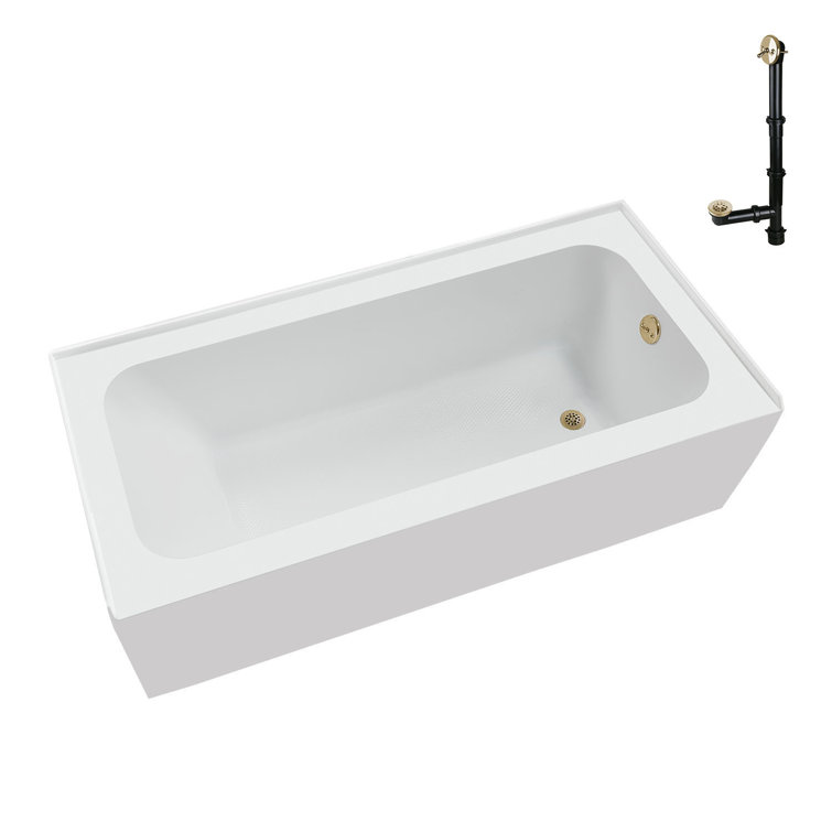 Glossy White Acrylic Rectangular Alcove Bathtub with Polished Brass Drain