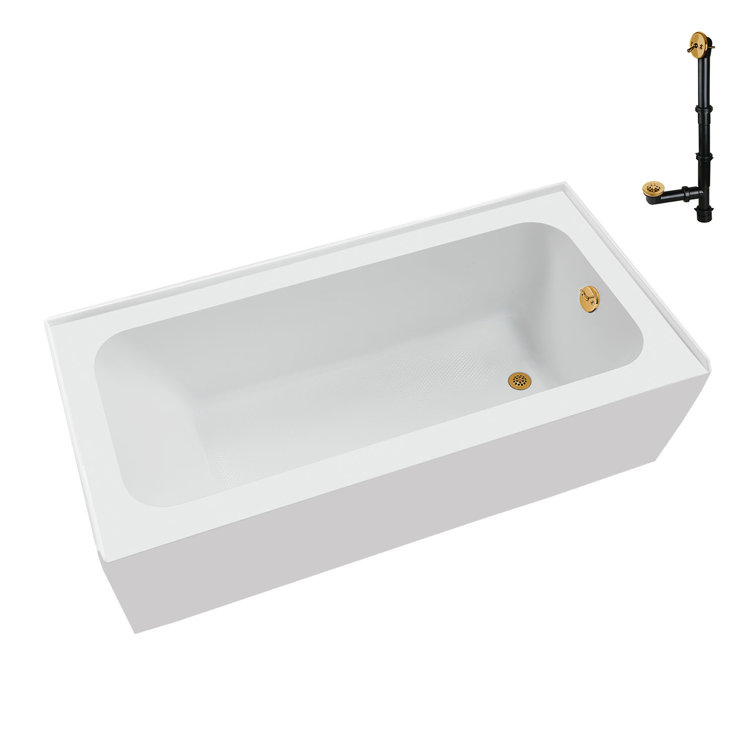 Glossy White Acrylic Alcove Bathtub with Brushed Gold Drain