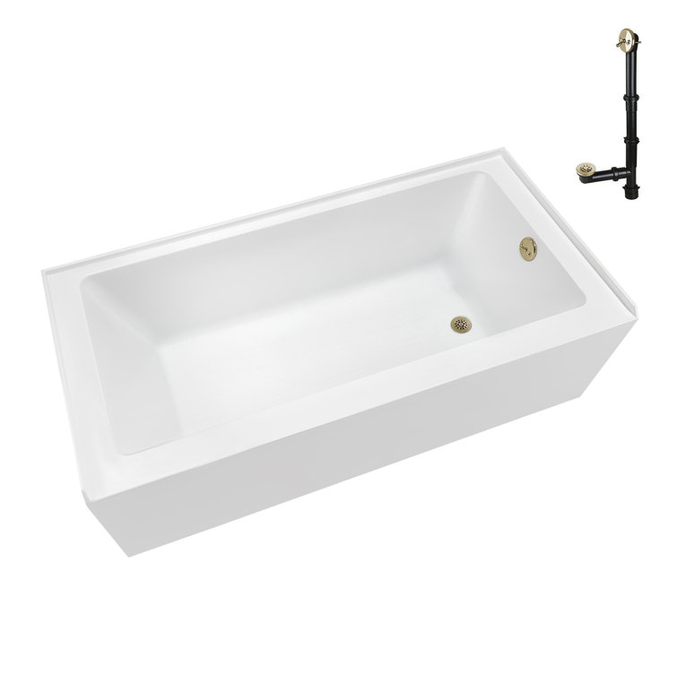 60-Inch Glossy White Acrylic Alcove Bathtub with Polished Brass Drain