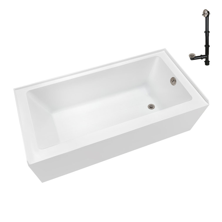 Glossy White Acrylic Right-Hand Drain Alcove Bathtub with Brushed Nickel External Drain