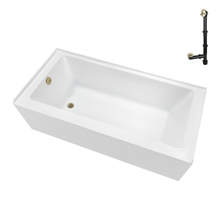 Glossy White Acrylic Alcove Bathtub with Polished Brass Drain