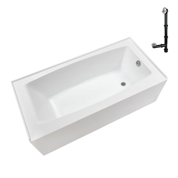 Glossy White Acrylic Right-Hand Drain Alcove Bathtub with Polished Chrome External Drain