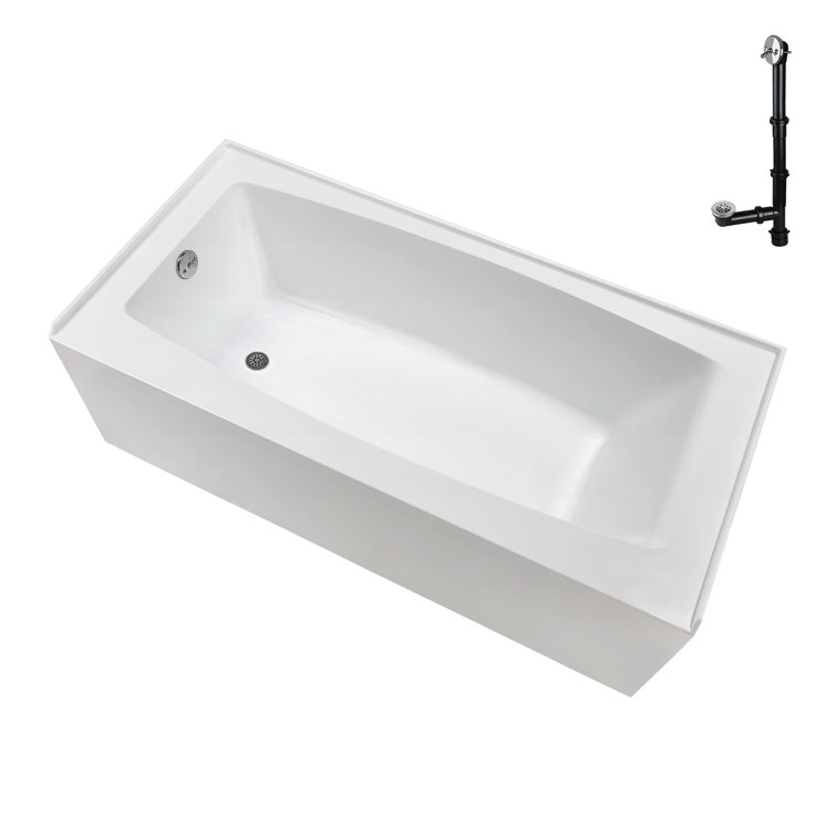 Glossy White Acrylic Rectangular Alcove Bathtub with Polished Chrome Drain