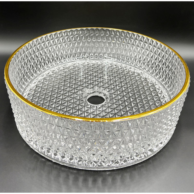 14" Clear Glass Circular Vessel Sink with Gold Rim