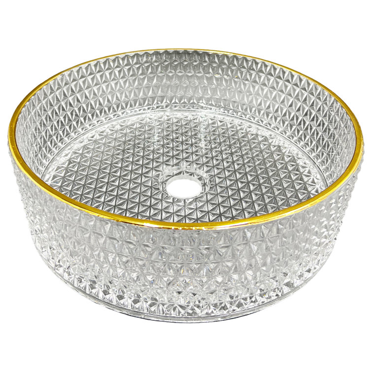16" Clear and Gold Glass Circular Bathroom Vessel Sink