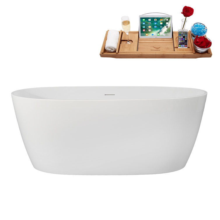 59" Glossy White Acrylic Freestanding Soaking Tub with Tray