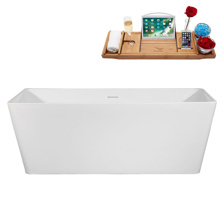 59" Glossy White Acrylic Freestanding Soaking Bathtub with Bamboo Tray