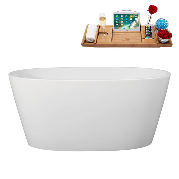 51" Glossy White Acrylic Freestanding Soaking Bathtub with Bamboo Tray