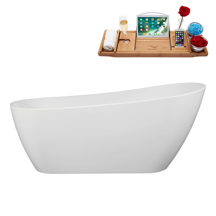 67" Glossy White Acrylic Freestanding Soaking Bathtub with Bamboo Tray