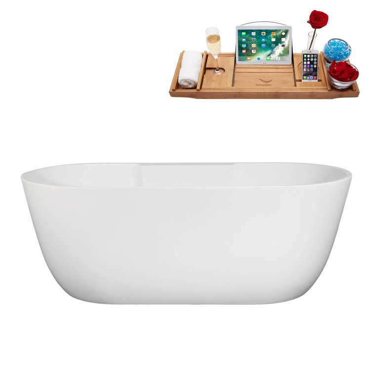 63" Glossy White Acrylic Freestanding Soaking Bathtub with Bamboo Tray