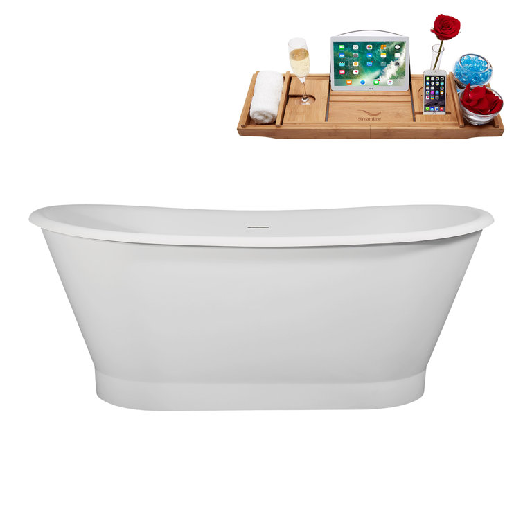 67" Matte White Acrylic Freestanding Soaking Tub with Brushed Nickel Trim