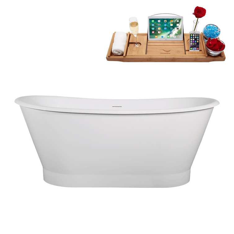 67" Glossy White Acrylic Freestanding Double Slipper Tub with Bamboo Tray