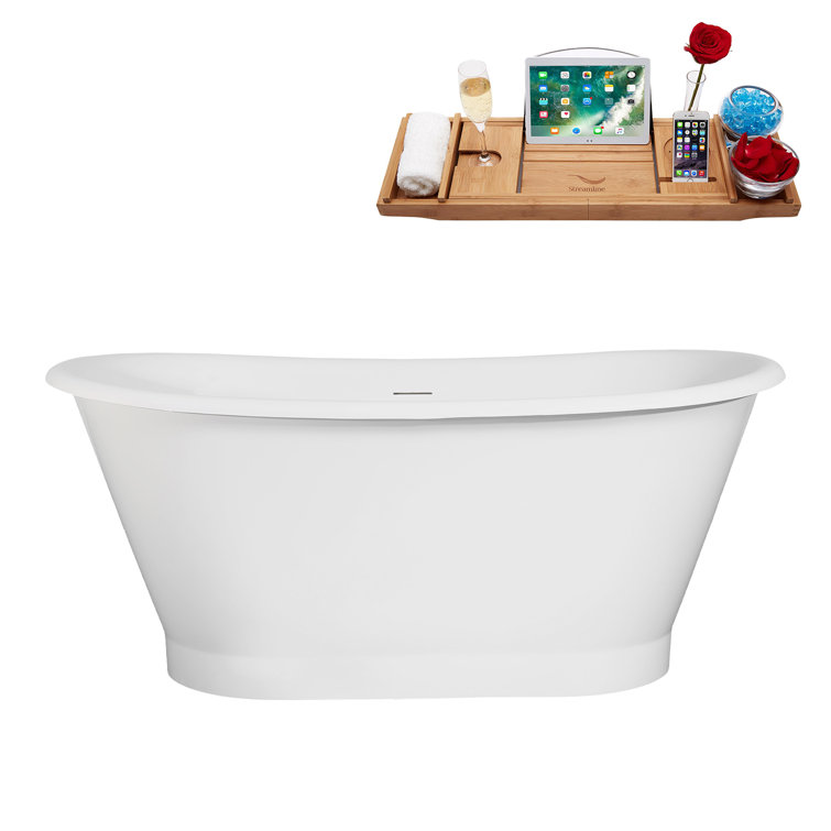 59" Glossy White Acrylic Freestanding Slipper Tub with Matte Black Trim