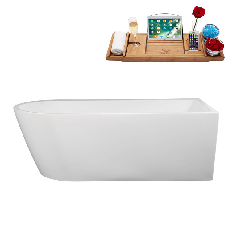 65" Glossy White Acrylic Freestanding Soaking Bathtub with Bamboo Tray