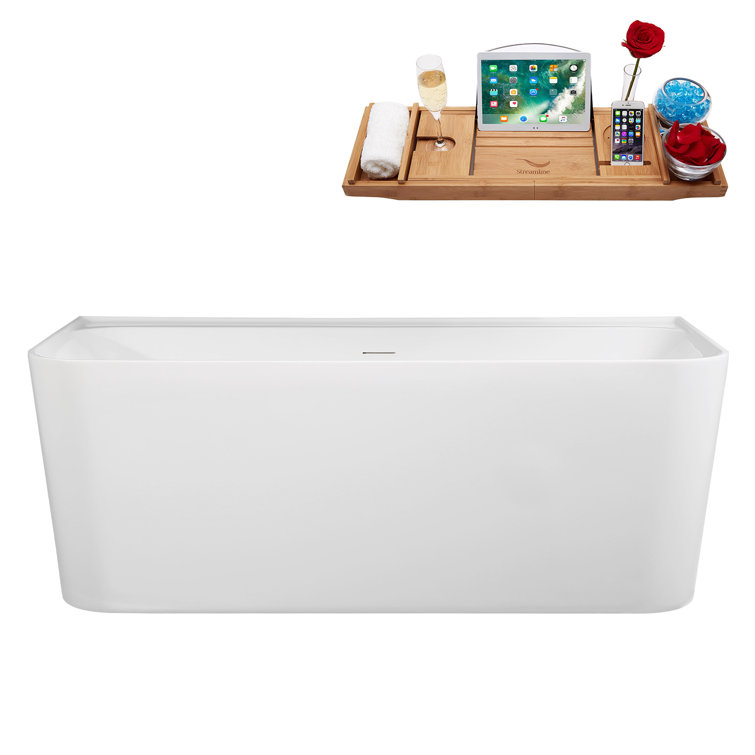 59" Glossy White Acrylic Freestanding Soaking Tub with Matte Black Trim