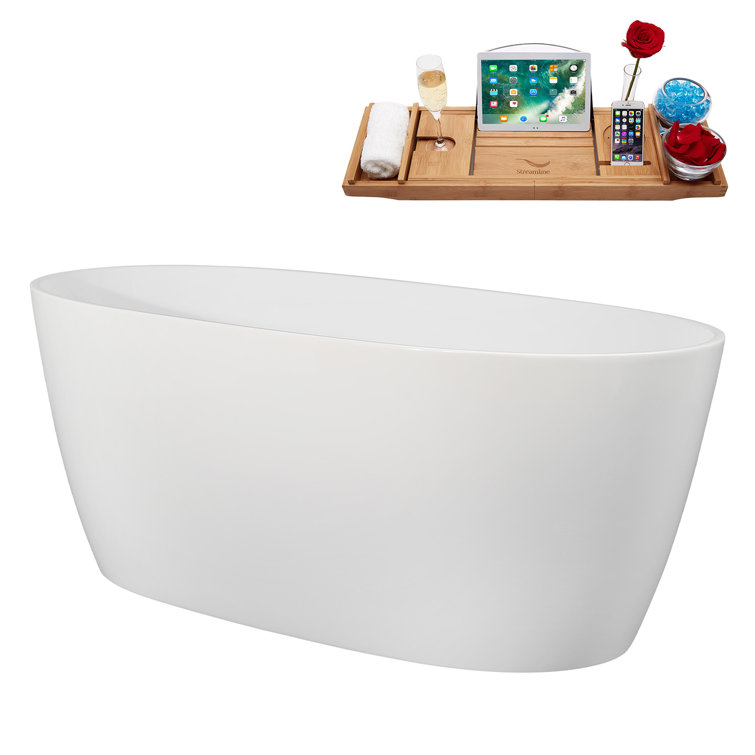 59" Glossy White Acrylic Freestanding Soaking Bathtub with Bamboo Tray