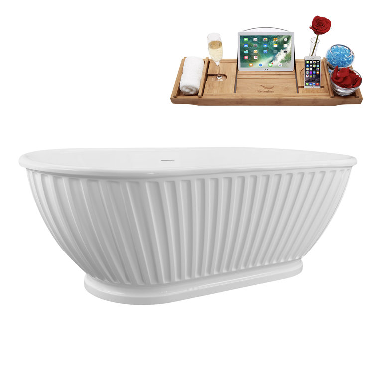 67" Glossy White Acrylic Freestanding Soaking Bathtub with Bamboo Tray