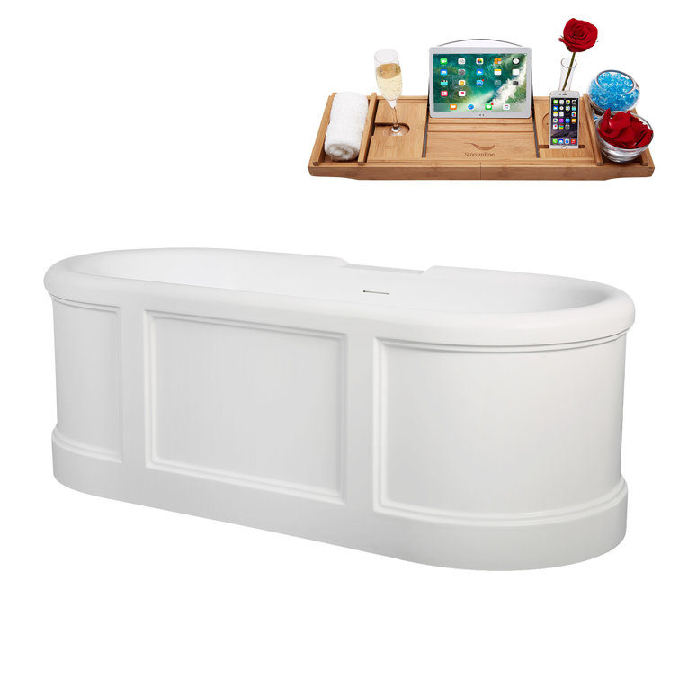 67" Matte White Acrylic Freestanding Soaking Tub with Polished Brass Trim