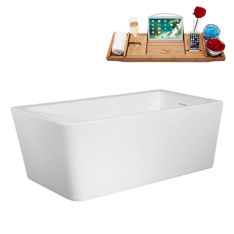 59" Glossy White Acrylic Freestanding Soaking Tub with Matte Black Trim