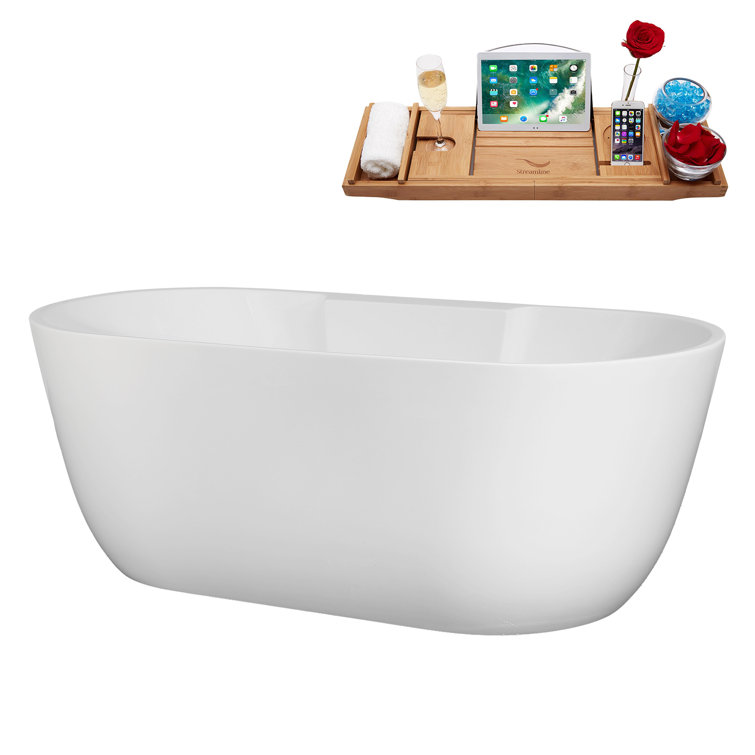 63" Glossy White Acrylic Freestanding Soaking Bathtub with Bamboo Tray