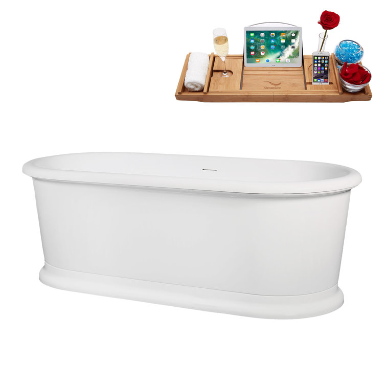71" Glossy White Acrylic Freestanding Soaking Tub with Tray