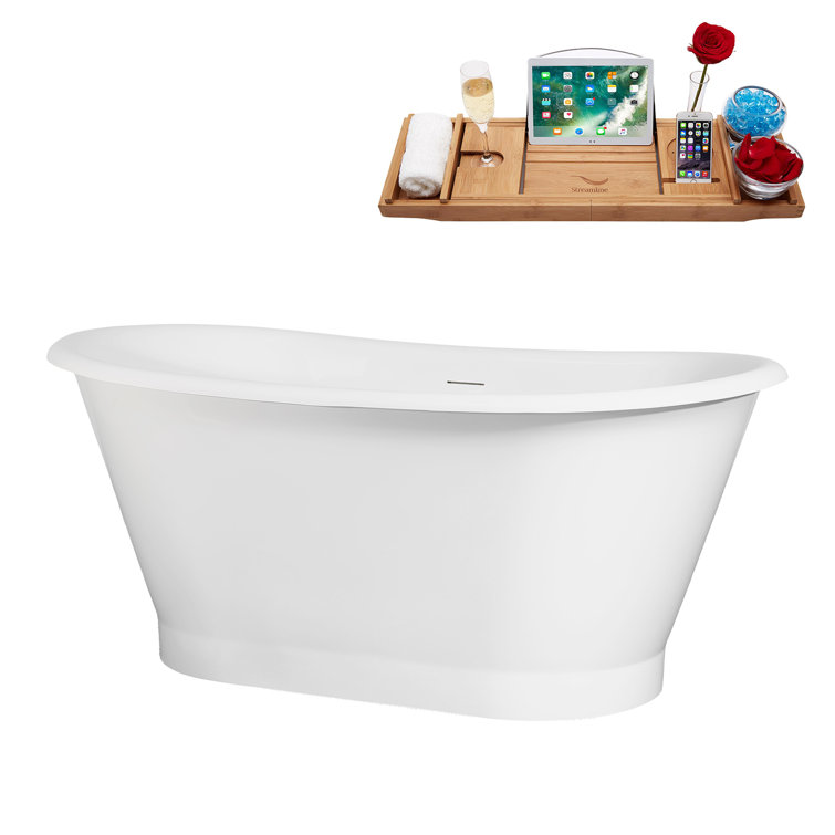 59" Glossy White Acrylic Freestanding Slipper Tub with Matte Black Trim