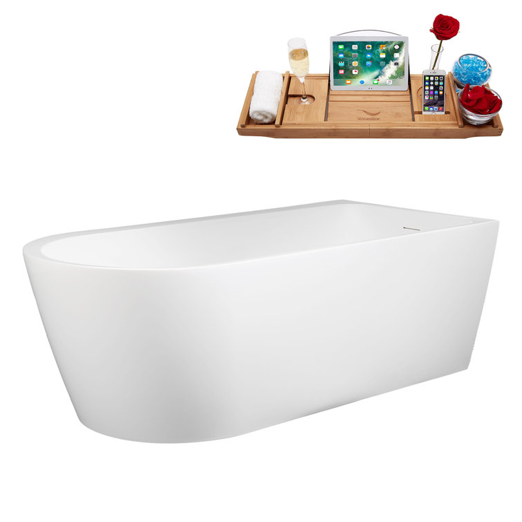65" Glossy White Acrylic Freestanding Soaking Bathtub with Bamboo Tray
