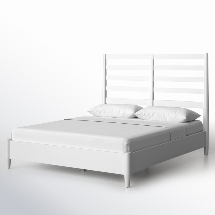 White Queen Wood Frame Bed with Slatted Headboard and Drawers