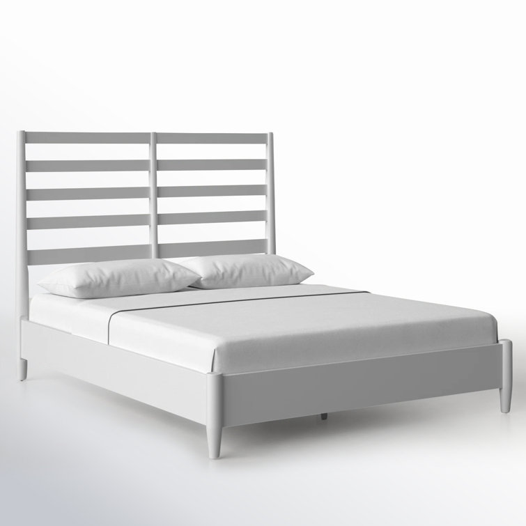 White Queen Wood Frame Bed with Slatted Headboard and Drawers