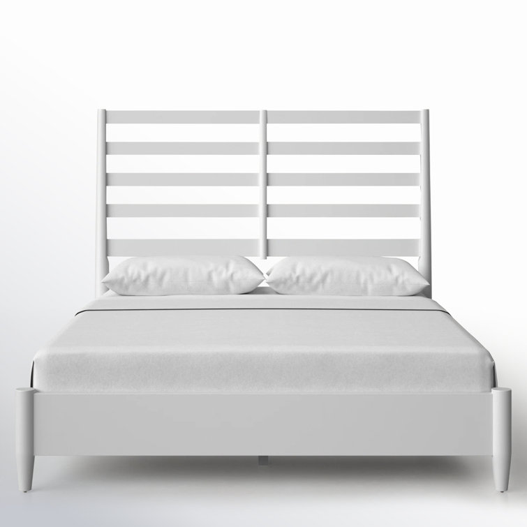 White Queen Wood Frame Bed with Slatted Headboard and Drawers