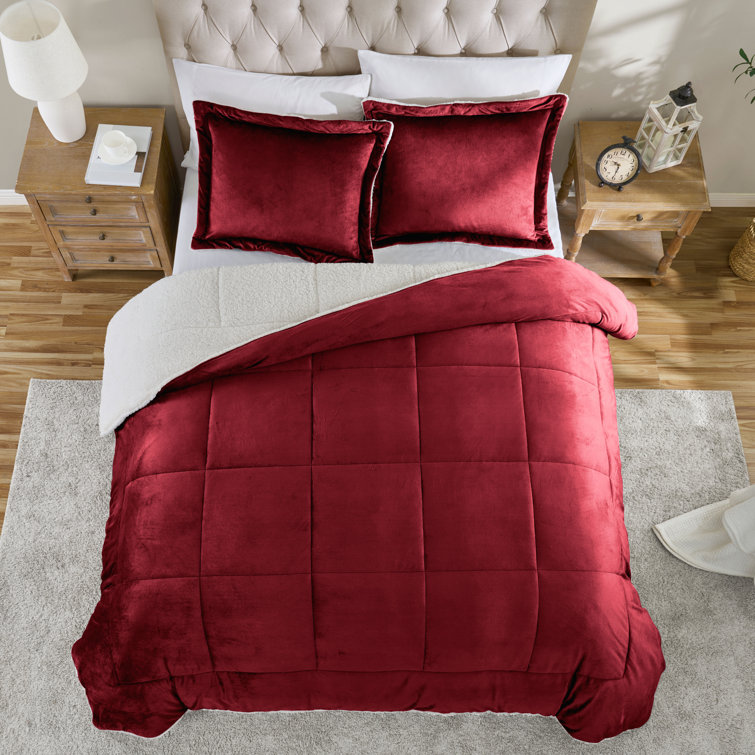 Full Burgundy Reversible Microfiber and Sherpa Comforter Set