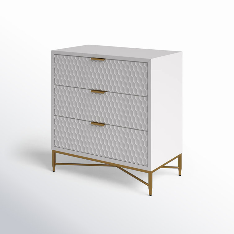 White Pearl Transitional 3-Drawer Accent Chest with Gold Accents