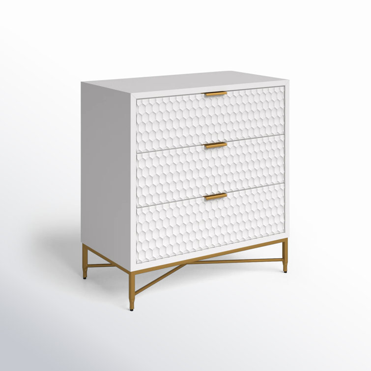 White Pearl Transitional 3-Drawer Accent Chest with Gold Accents