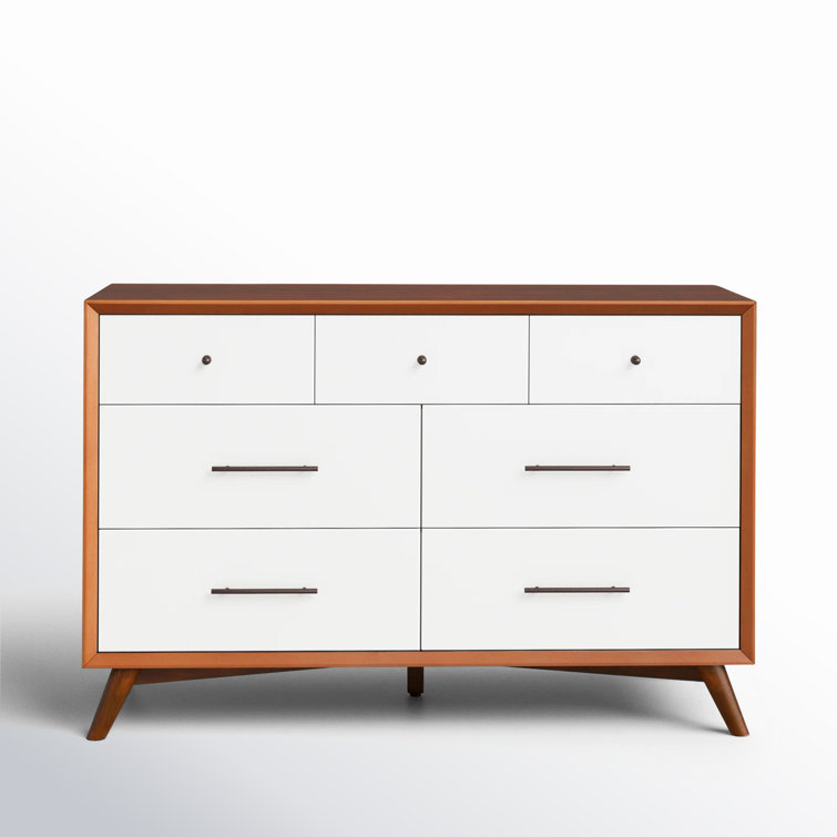Acorn and White Mid-Century Modern 7-Drawer Dresser