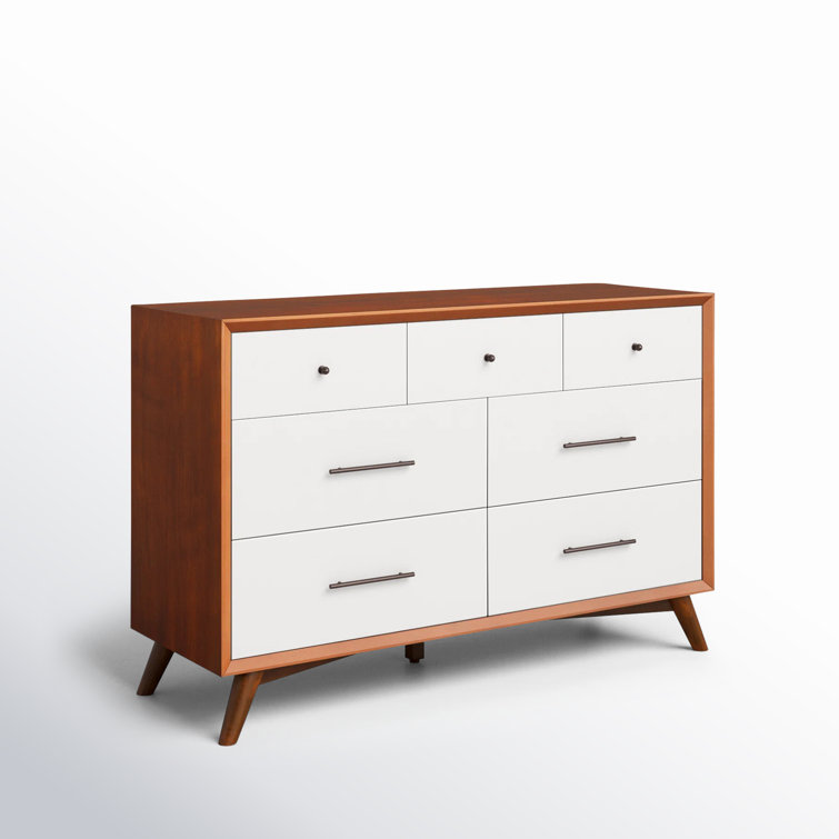 Acorn and White Mid-Century Modern 7-Drawer Dresser