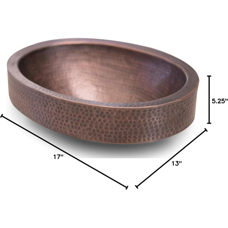Hand Hammered Pure Copper Oval Undermount Bathroom Sink 17"