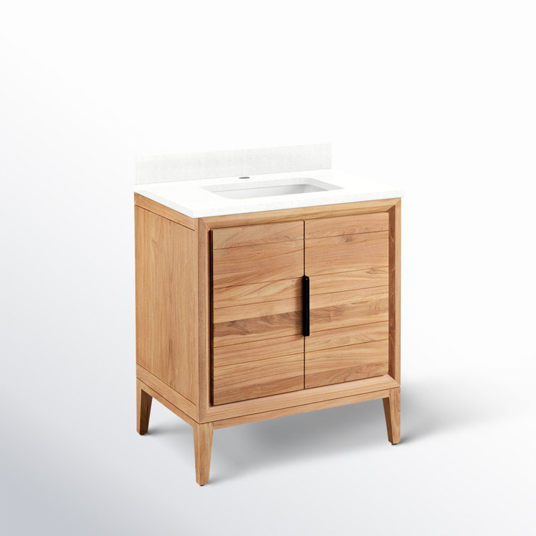 30" Natural Teak Single Bathroom Vanity with White Quartz Top