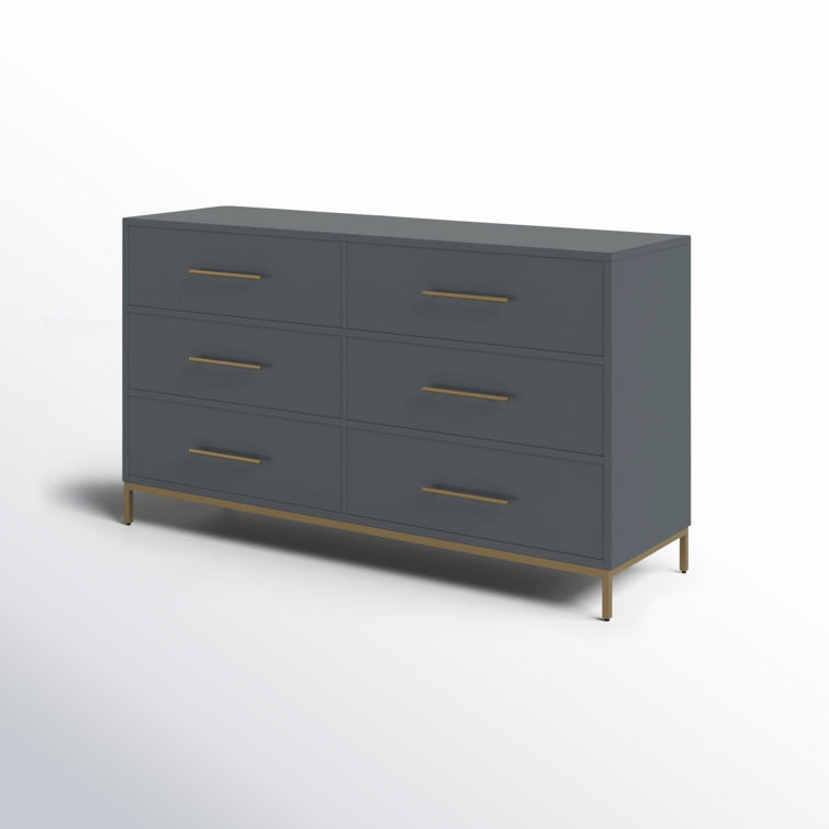 Slate Gray Mahogany 6-Drawer Dresser with Gold Accents