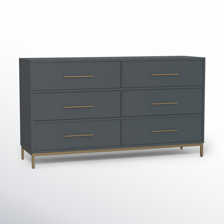 Slate Gray Mahogany 6-Drawer Dresser with Gold Accents