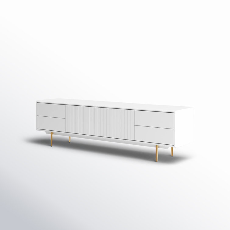 White Modern Media Console with Gold Legs and Cabinet