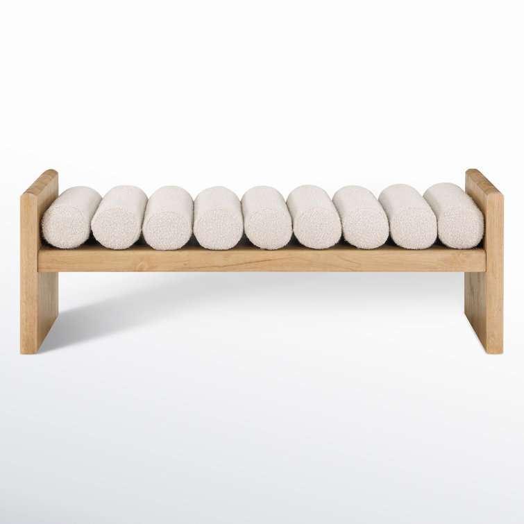 Cream Boucle Fabric and Wood H-Shaped Bench