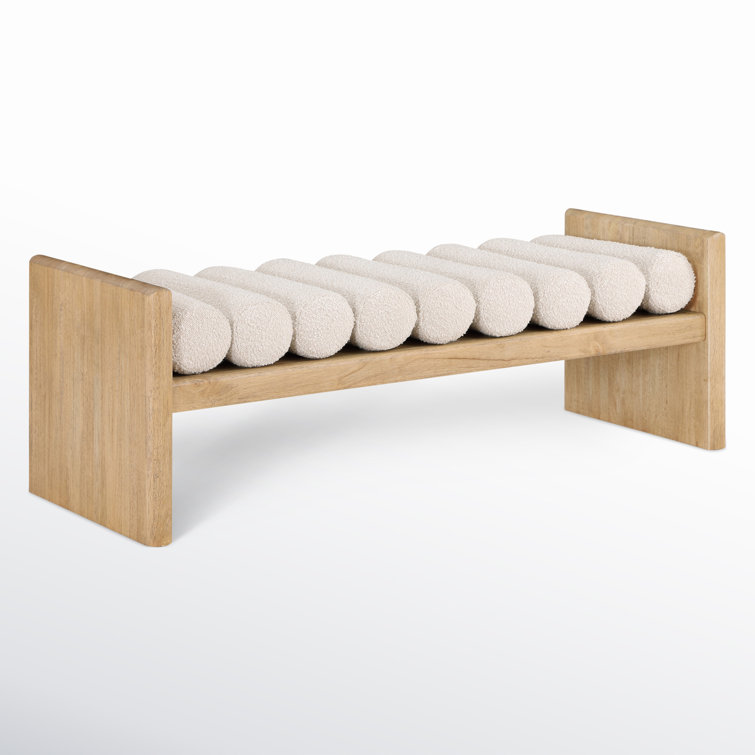 Cream Boucle Fabric and Wood H-Shaped Bench
