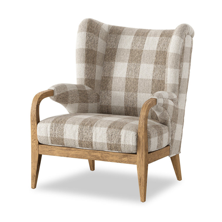 Dresden Pebble Plaid Wingback Chair with Oak Frame