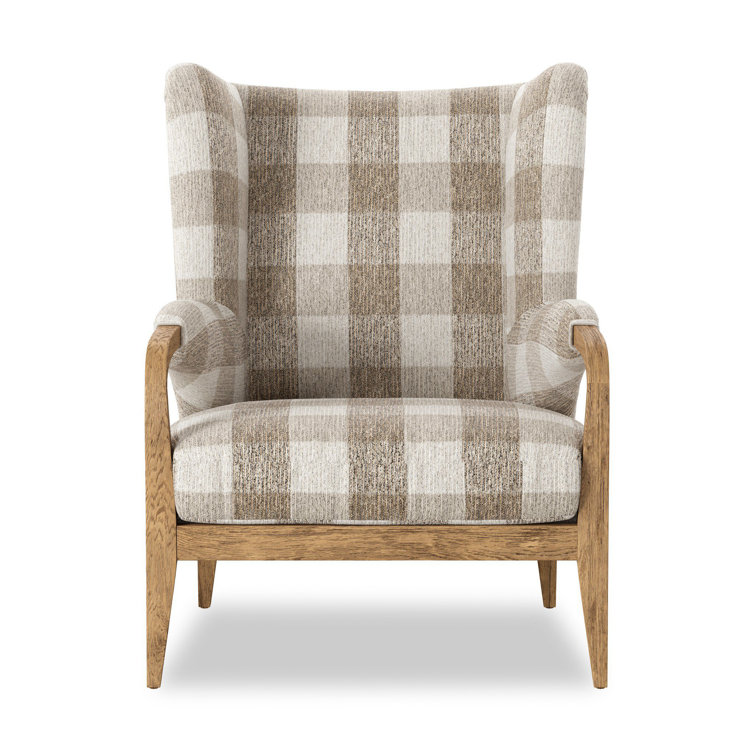 Dresden Pebble Plaid Wingback Chair with Oak Frame