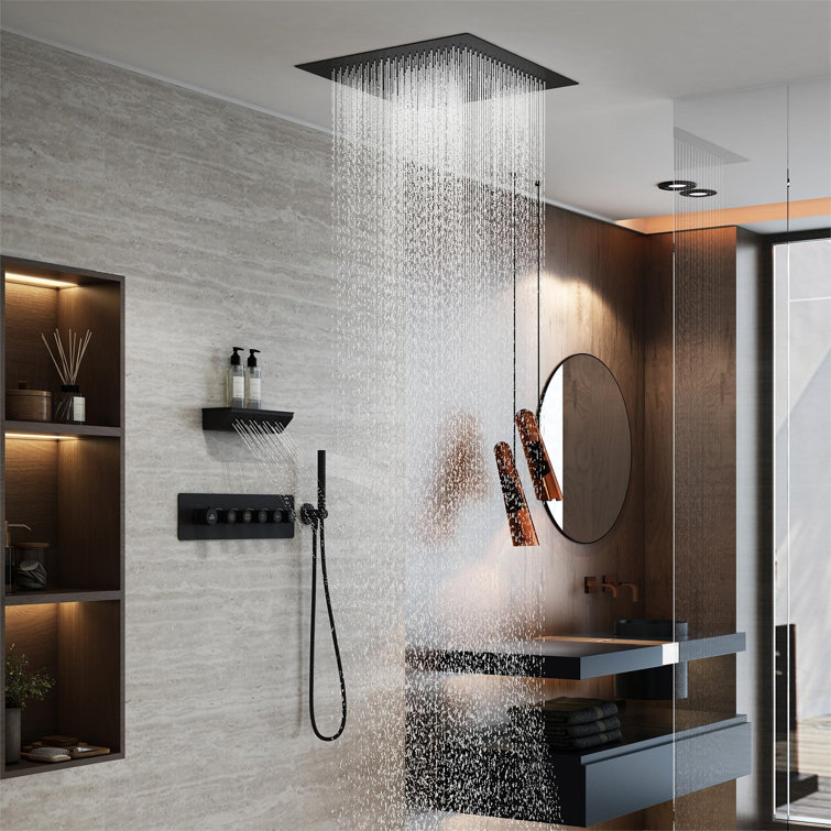 Matte Black Thermostatic Shower System with Rainfall and Jet Functions