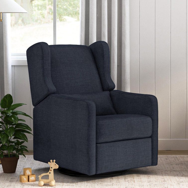 Navy Performance Linen 32" Swivel Recliner with Wood Accents