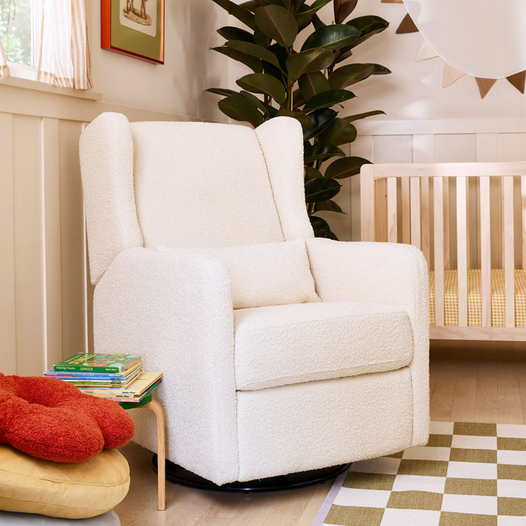 Ivory Boucle Swivel Recliner with Wood Frame