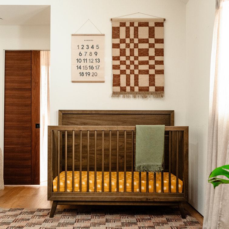 Olive Green Mid-Century Modern Convertible Crib with Tapered Legs