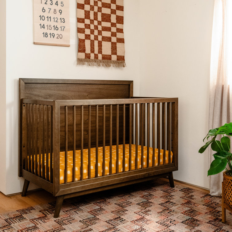Olive Green Mid-Century Modern Convertible Crib with Tapered Legs