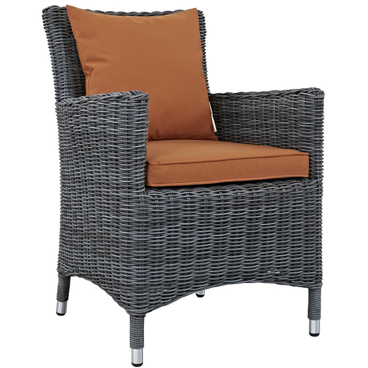 Gray Wicker Rattan Outdoor Dining Chair with Orange Cushions